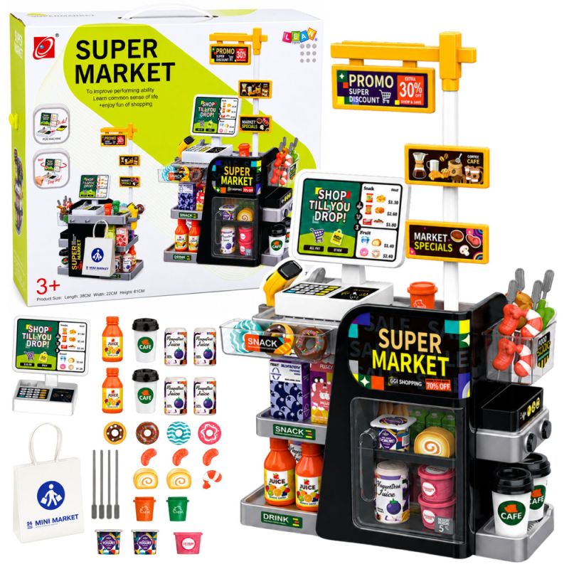 Supermercado de juguete con caja, escáner y dispensador