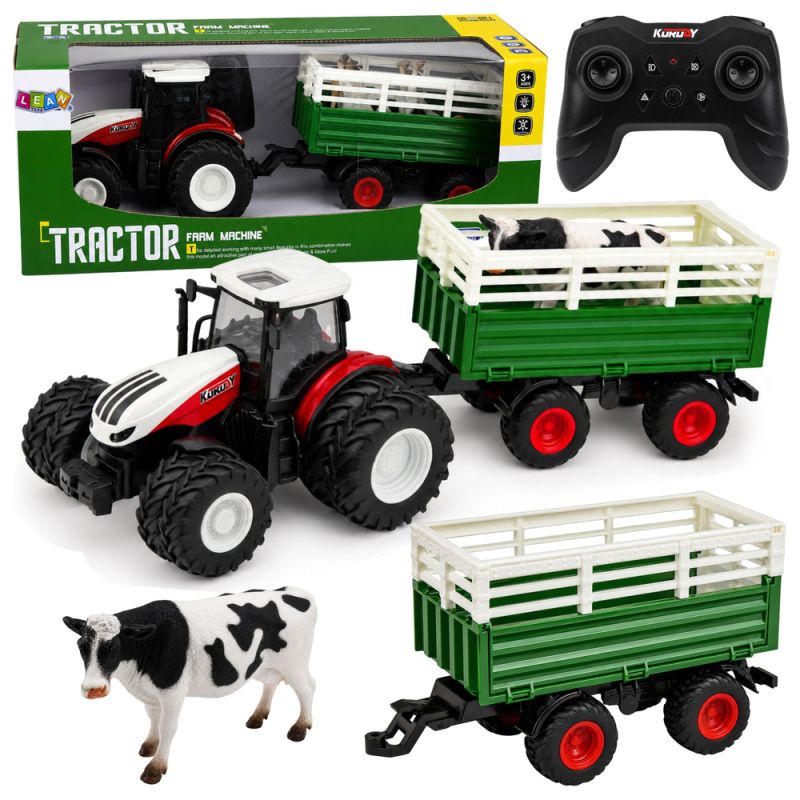 Tractor de Granja RC con Remolque y Figura de Vaca 1:24