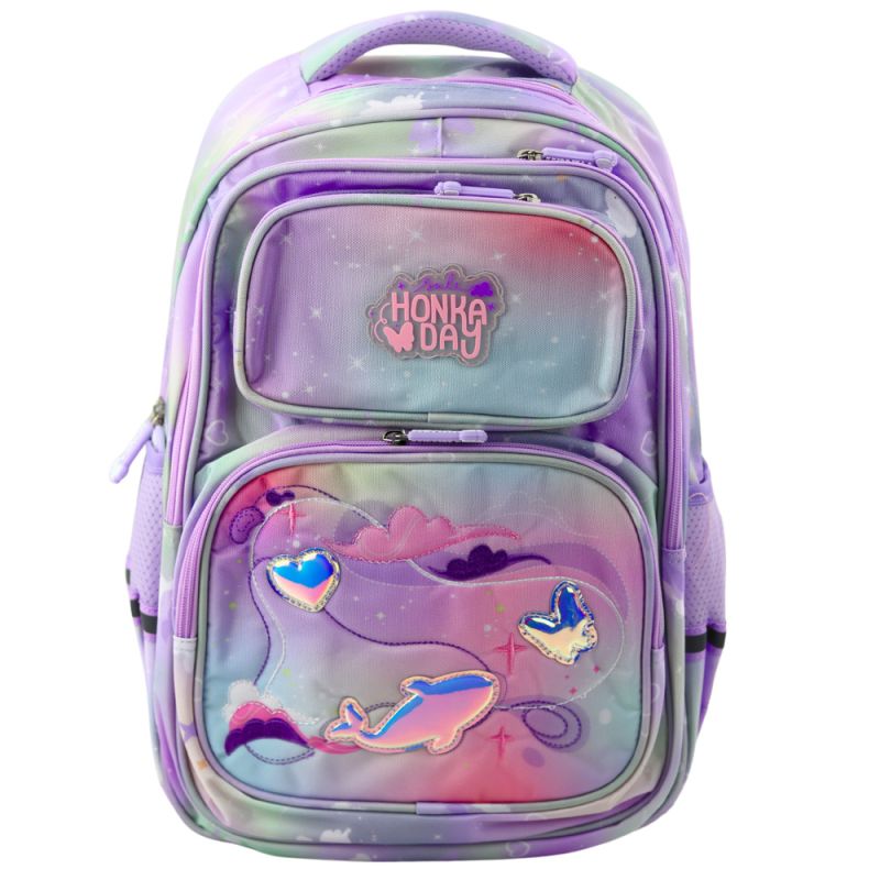 Mochila Escolar Pastel con Parche de Delfín y Corazón 20L