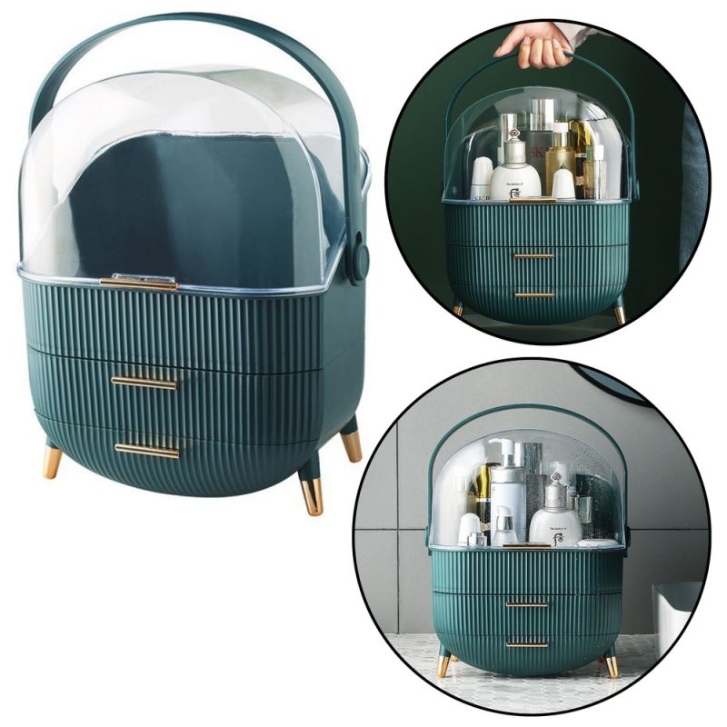 Organizador de Cosméticos Verde con Tapa Transparente y 2 Cajones