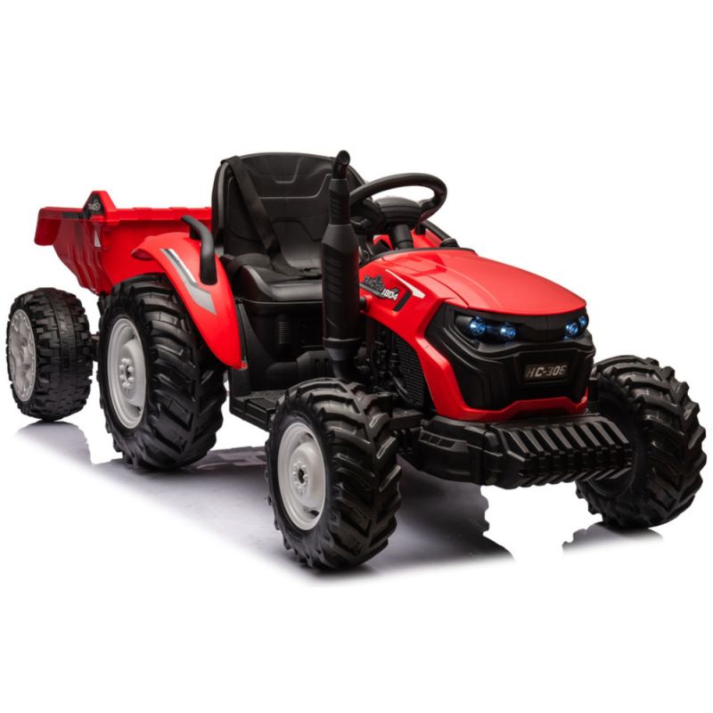 Tractor Eléctrico Rojo con Remolque 24V
