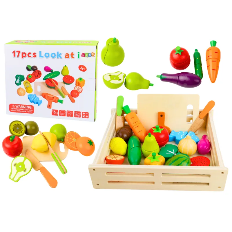 Frutas y verduras de madera con imán en caja de cocina