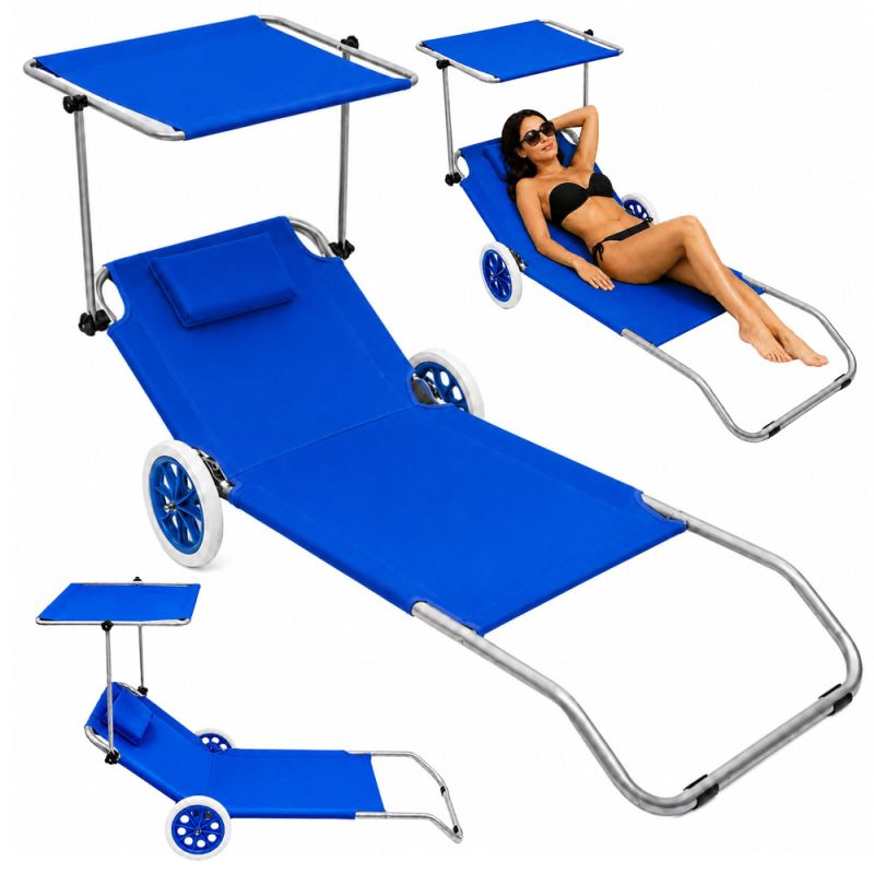 Tumbona Plegable de Aluminio con Ruedas y Parasol Azul 150x60 cm 