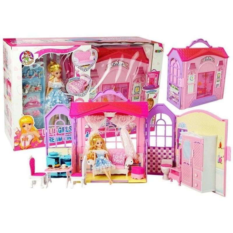 Casa de Muñecas Desplegable con Muñeca Rubia y Accesorios