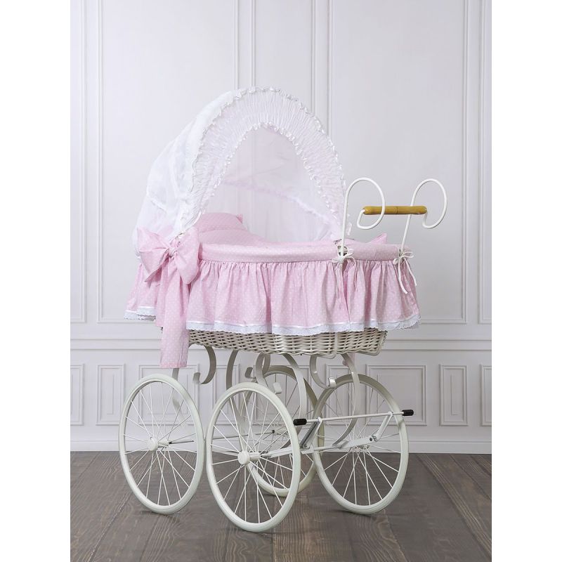 Moisés de Mimbre Retro con Ruedas y Capota Ajustable My Sweet Baby - Rosa Lunares