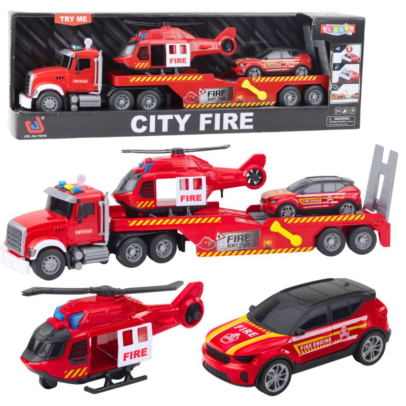 Camión de Bomberos, Grúa y Helicóptero Rojo con Sonido y Luz