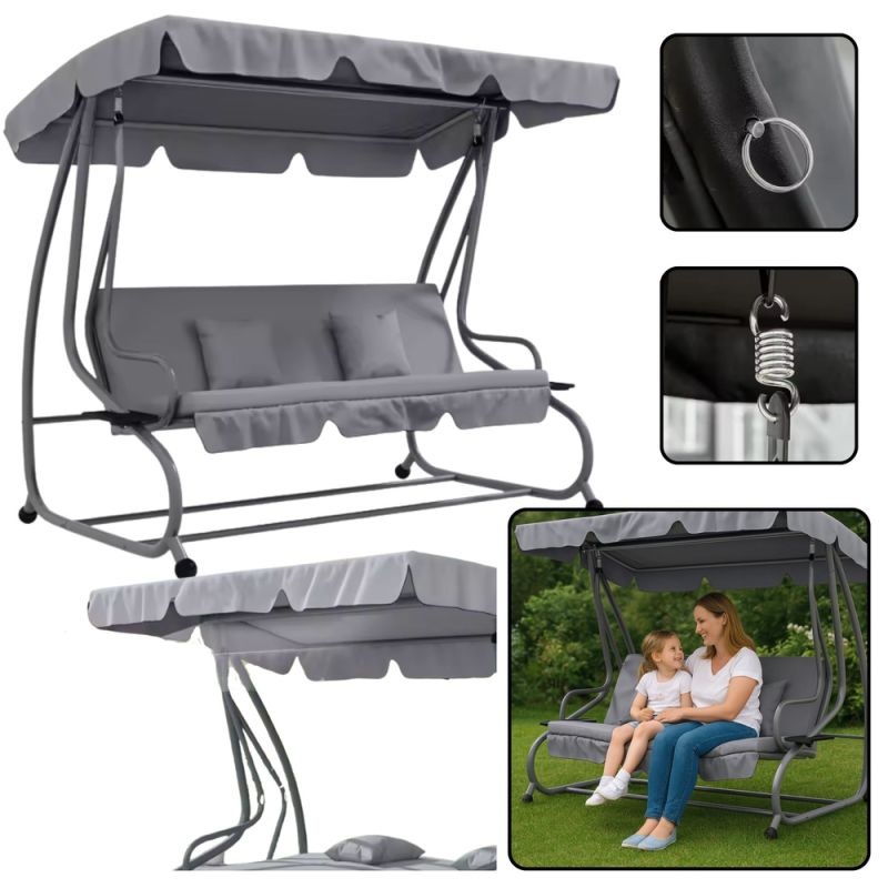 Silla de jardín mecedora para cuatro personas con toldo gris