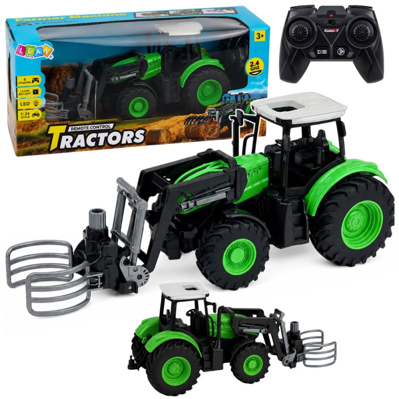 Tractor RC con pinza para pacas y luces verde 1:24