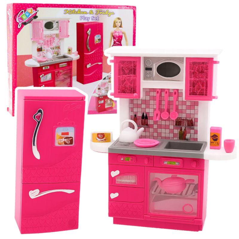 Cocina de Juguete para Muñecas con Refrigerador y Accesorios Rosa