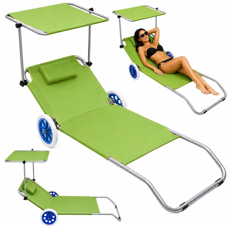 Tumbona Plegable de Aluminio con Ruedas y Parasol Verde 150x60 cm 