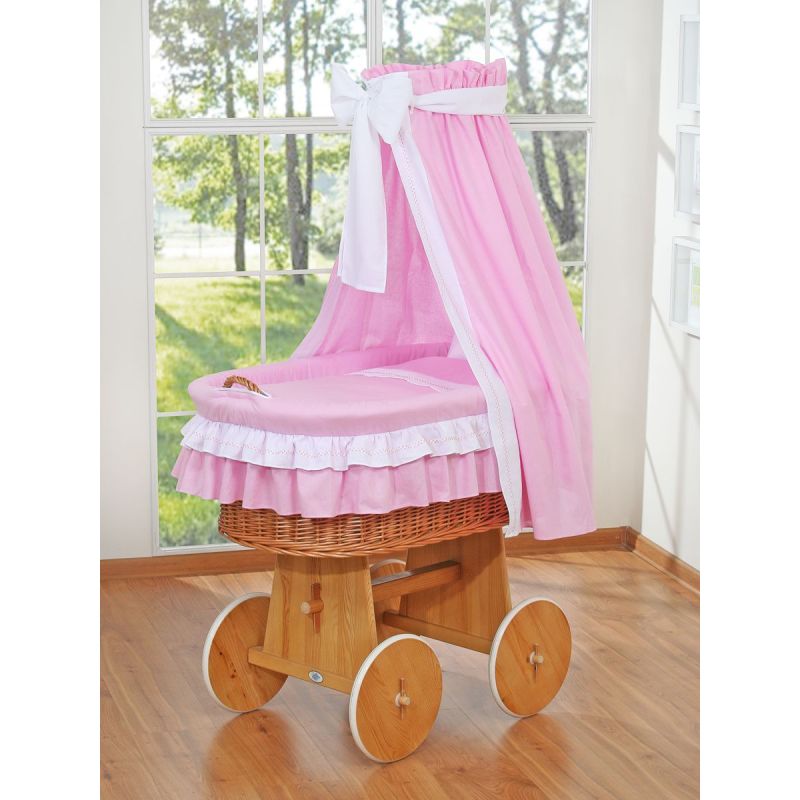 Capazo de Mimbre Natural con Dosel y Cortina Bellamy + Ropa de Cama Rosa – MY SWEET BABY