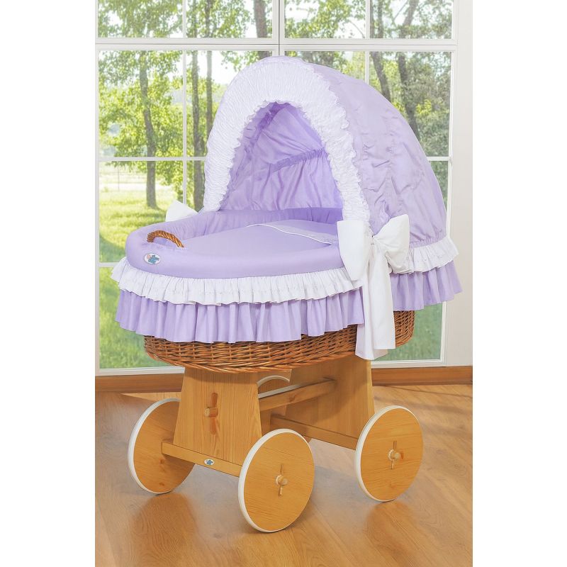 Cuna Moisés de Mimbre Bellamy Natural con Capota Ajustable y Ropa de Cama Lila – Base con Ruedas