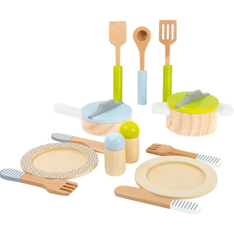 Set de Platos, Ollas y cubiertos - Juguete de madera - 15 piezas