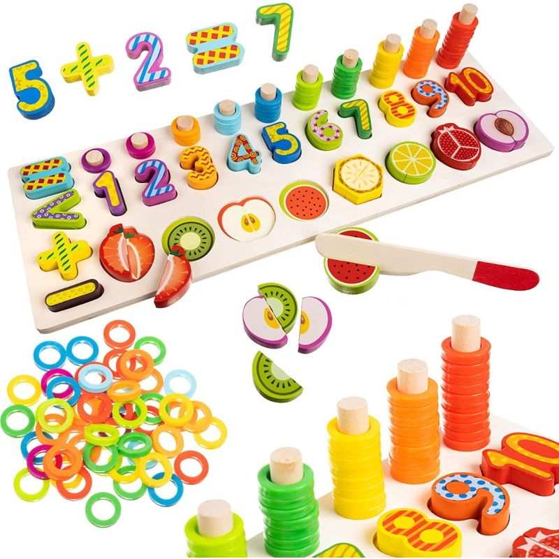 Puzzle educativo de madera Números , Anillos y Frutas