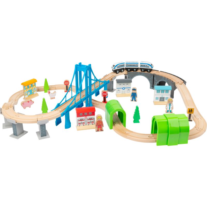 Tren de madera XL con puente colgante - 60 piezas