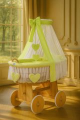Capazo de Mimbre Natural con Dosel y Cortina Amelie + Ropa de Cama Verde – MY SWEET BABY
