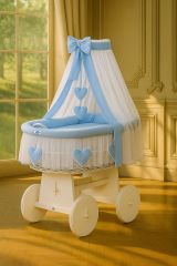 Capazo de Mimbre Blanco con Dosel y Cortina Amelie + Ropa de Cama Azul – MY SWEET BABY