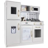 Cocinita infantil de madera con luz LED blanco y oro, vista frontal