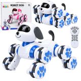 Perro robot teledirigido azul realizando giros y acrobacias.
