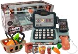 Caja registradora con micrófono y sonido para juegos educativos.