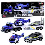 Camión policial con helicóptero y coche de policía