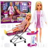 Conjunto de muñecas médico y paciente con cama y carrito médico