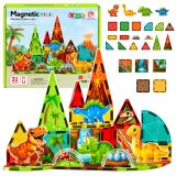 Bloques de construcción magnéticos de dinosaurios con colores vibrantes.