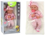 Muñeca con suéter a rayas, gorro y bufanda, rosa