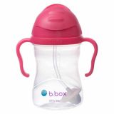 Botella B.box color frambuesa con pajita y diseño ergonómico.