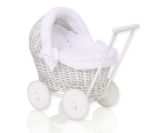 Wicker Doll Pushchair White With White Bedding And Soft Padding Stella