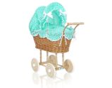 Carrito de muñecas de mimbre My Sweet Baby con ropa de cama mint