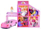Villa de muñecas grande plegable con coche rosa y accesorios