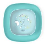 Set de platos Chicco azul, ideal para bebés aprendiendo a comer.