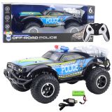 Coche de policía RC Off-Road 1:8 en acción con luces encendidas.