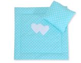 Pram Bedding Set With Duvet And Pillow 2pcs - Hearts White Dots On Turquoise