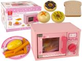 Microondas de madera de Lean Toys con detalles en rosa.