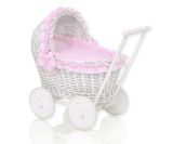 Carrito de muñecas de mimbre My Sweet Baby con ropa de cama rosa