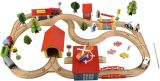 Pista de tren de madera con edificios y helipuerto , 69 piezas