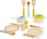 Set de Platos, Ollas y cubiertos - Juguete de madera