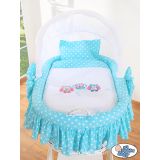 Moisés de Mimbre Owls Turquesa – Cesta Natural con Capota, Dosel y Ropa de Cuna