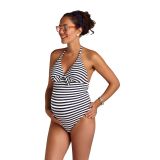Bañador premamá listado en color capri marino, ideal para mamás que disfrutan del mar y la playa.