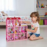 Casa de muñecas Iso Trade de 3 niveles con 8 habitaciones, balcón, muñeca y 22 muebles. Ideal para juegos de rol y creatividad infantil.
