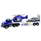 Camión policial con helicóptero y coche de policía