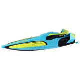 Lancha Lean Toys turquesa-amarillo, detalle mando 2.4 GHz y batería