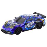 Coche deportivo RC en acción, ideal para interiores y exteriores.