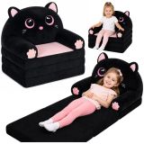 Sofá reclinado en forma de gatito para niños con diseño acogedor.