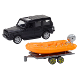 Coche Off-Road Negro con Remolque y Barco Naranja