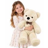Teddy Bear de peluche blanco, suave y tierno, con lazo de cuadros.