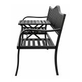Banco de jardín negro con asiento de listones y reposabrazos