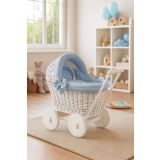 Wicker Doll Pushchair White With Bedding Dusty Blue And Soft Padding Stella
